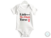 a white bodysuit with the words little mr english turns on it