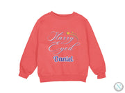 a red sweatshirt with the words harry good and daniel on it