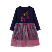 SkipStars Magical Unicorn Sparkle Party Girl Dress ,Navy Blue