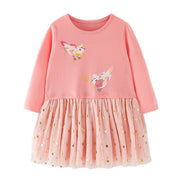 Long Sleeves Cute Birds Theme Cotton Girls Dress in Pink