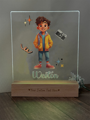 a glass picture frame with a cartoon boy holding a camera