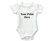 a white bodysuit with a black print that says your print here