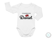 a white bodysuit with the words charming danielle on it