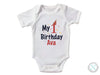 a white bodysuit with the words my 1st birthday ava on it