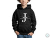 a young boy wearing a black hoodie with the letter j on it