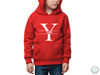 a young boy wearing a red hoodie with the letter y on it