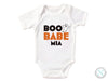 a baby bodysuit that says boo babe mia