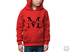 a young boy wearing a red hoodie with the letter m on it