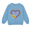 a blue sweatshirt with sunflowers and a rainbow heart