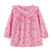 SkipStars Full Sleeve Ruffle Floral Pattern Girls Dress, Pink